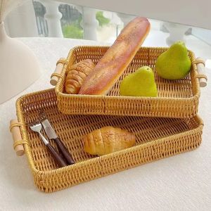 WENTIVV Simulated Woven Rattan Basket Plastic Rattan Threads Wooden Handle Food Serving Tray Durable Space Saving  Organizer Vegetable