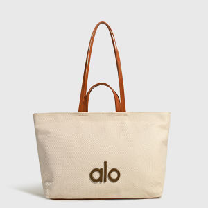 Alo Iconic Shopper Tote Bag Large Capacity Canvas Shoulder Bag Minimalist Letter Print Handbag Women Commuter Gym Yoga School Shopping Bag