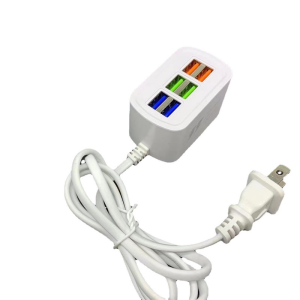 Universal Battery Charger White Plug In USB Hub With Color Coded Ports For Easy Identification And Quick Charge Functionality. Input 100-240V 50/60Hz Output 5V maximum current 3.1A.