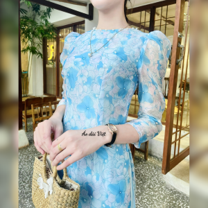 Áo dài 4 tà hoa màu xanh tay phồng cổ tròn đính ngọc truyền thống giáo viên công sở may sẵn tơ lụa cao cấp