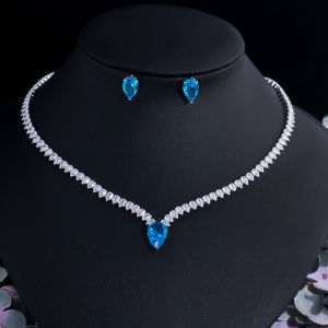 SEQUITO High Grade Platinum Plating Paved AAA Shinning Cubic Zirconia Crystal with Blue Water Drop Pendant Necklace Stud Earrings Sets Women Jewelry Set for Evening Party SJ325
