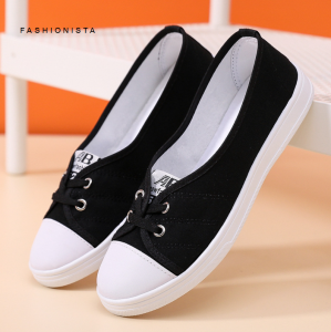พร้อมส่ง รองเท้าสลิปออน ผ้าใบ ผูกเชือก แบบสววม สีดำ สีขาว