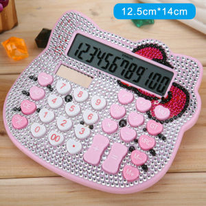 Cute Crystal Diamond Cartoon Cats Head Muti-function Desktop 12 Digits Calculator Big button big screen battery Calculator for Office/School Home Use