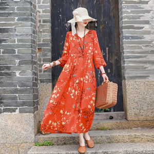 DSF Studio 2026 summer new middle-aged mother retro literary printing cotton and linen waist dress loose pendulum long dress women