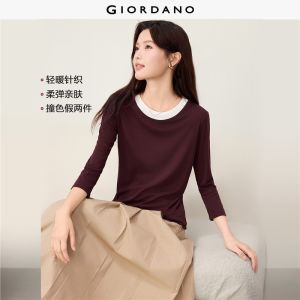 Giordano Women Fake two-piece contrast crewneck 3/4 sleeve tee Free Shipping 05326784