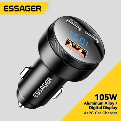 Essager 105W 2C+A Car Charger USB Type C PD Fast Charging Phone Quick Charge for iPhone15 Huawei Mate 60 Pro Xiaomi Samsung iPad Laptop Tablet 12V-24V Car Model Universal