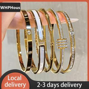 [COD] WHPHous Ship within 24 hours High-end Golden Titanium Steel Non-Fade Bracelet Female Plain Ring Zircon Bracelet Light Luxury Niche Bracelet