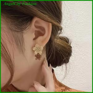 AngelCity Fashion Store Brown Two Color Flower Drop Dangle Earrings For Women Korean Fashion Jewelry Wedding Party Girl Elegant Jewelry Accessories
