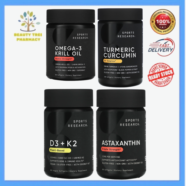 Sports Research D3 + K2 / Triple Strength Astaxanthin 12 mg / Turmeric