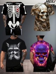 Male T-Shirts Retro Skeleton Pattern Clothes for Man New Designs Fashion Punk T-Shirt Harajuku Short Sleeve Cool Street Y2k Tops