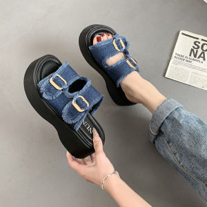 [Free Shipping] 2026 Summer Thick-Soled Sandals For Women Height-Increasing Denim Hot-Selling Casual Round-Toe Beach Sandals With Back Ties