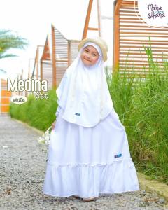 Zahra Olshopp - MEDINA Set - Gamis Putih Polos Anak Perempuan Manasik Haji Set Hijab Syari Bahan Sahara Crepe Usia 3 tahun - 12 tahun bisa COD