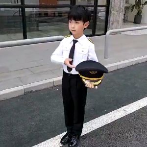 Kids Pilot Costume Set School Performance Uniform Role Play Career Dress Up 4pcs Aviation Outfit