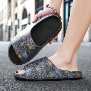 Slides for Men Cute Cartoon Print Big Size 38-47 Thick Bottom Soft Ultralight Korean Style Casual Home Cheap Beach Slippers Black Beige Brown