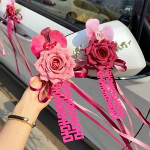 JEWELS1 2Pcs Bowknot Ribbon Wedding Car Flower Suction Cup Artificial Car Rearview Mirror Ornament High-quality Simulation Fake Flower Bouquet Car Rearview Mirror