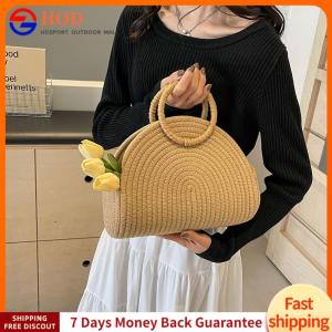 【Outdoor】 Handwoven Top Handle Bag Retro Cotton Rope Shoulder Purse Holiday Travel Handbag Vacation Bag for Women and Girls