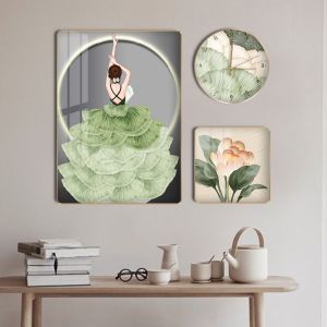 (HÌNH THẬT) Tranh đồng hồ tráng gương cô gái và hoa bộ 3 tranh hiện đại kèm đinh