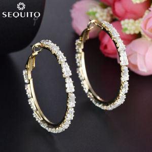 SEQUITO Elegant Gold Color Large Round Circle Loop Hoop Earring Pave Setting Clear Cubic Zirconia Women Statement Fashion Ear Jewelry for Female SE140