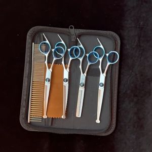 Pet Grooming Scissors Kit Stainless Steel Safety Round Tips Dogs Cats Comb Case Cleaning Cloth