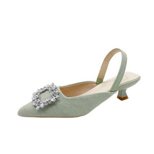 [Free Shipping] WomenS New Style Baotou Sandals With Gentle Rhinestones Pointed Toe Back Strap Chunky Heel High-Heeled Shoes