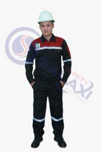 Wearpack Atasan Kemeja Proyek Lengan Panjang Resleting Warna Hitam Maroon - Bahan American Drill, Scotlight/Reflektor, Resleting Kualitas Pilihan, Emblem Logo Safety First