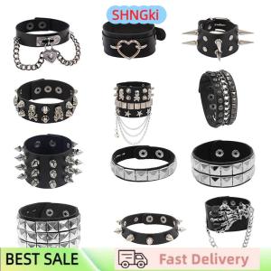 SHNGki 90s Fashion Punk Style Bracelet Personality PU Leather Three Rows Spikes Square Bracelets Bangle 2024 Party Jewelry Gift