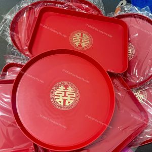 Bộ 2 Khay nhựa hình tròn và chữ nhật ST GROUP màu đỏ đậm đựng trái cây đồ dùng Mâm nhựa decor tiệc tùng tân gia Lễ Tết cưới hỏi Khay trà bánh dùng hàng ngày