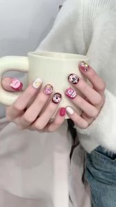 【HANDMADE】Artificial Nail Donut Cute Bear Candy Color Short Style Fake Nail Set With Glue Reusable and Removable Press on nails