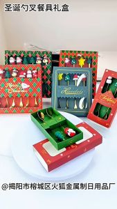 Quivlox Cartoon Dessert Fork Spoon Set Stainless Steel Coffee Mixing Spoon Fruit Fork Christmas Tree Holiday Gift Box Cutlery