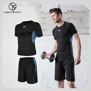 SUPERFLOWER Mens Sportswear Suits Gym Training Jogging Sports Sets Running Tracksuit Quick Dry Fitness T-Shirts and Shorts