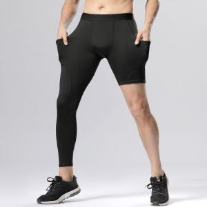 Mens fitness leggings can hold mobile phones running leggings sports quick-drying high-elastic high-waist long and short training pants