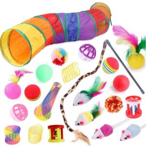 Cat Feather Ball Tunnel Mouse Chewing Toy Set Cat Teeth Care Set of 22 Cat Furry Mouse Toy Wand- Catnip