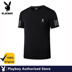 PLAYBOY Mens T-shirt Summer New Ice Silk Mens Short-sleeved T-shirt Stretch Fitness Top Mens Casual Quick-drying Personality Luminous Short-sleeved