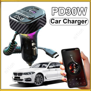 12 V-24 V Car Charger รถบลูทูธ 5.3 FM เครื่องส่งสัญญาณอะแดปเตอร์เสียงไร้สาย MP3 ผู้เล่นบรรยากาศแสงแฮนด์ฟรีโทรด้วย Type C PD30W ฤดูใบไม้ผลิ Retractable Fast สายชาร์จ