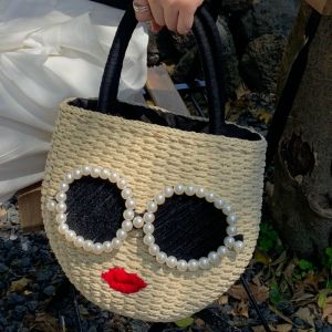 Japanese Style Straw Handbag Cute Cartoon Glasses Red Lips Woven Bucket Bag Rattan Handheld Tote Bag For Women Beach Trip