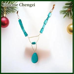 Hmeme Bohemian Necklace For Women Blue Stone Beads Heart Shape Pendant Cross Chain Necklace