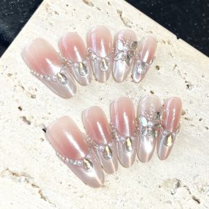 Pink Gradient Cat Eye Press On Nails Butterfly Pearl Rhinestone Handmade False Nails
