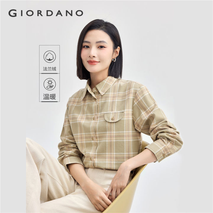 GIORDANO Women Shirts 100% Cotton Flannel Plaid Shirts Flap Pocket