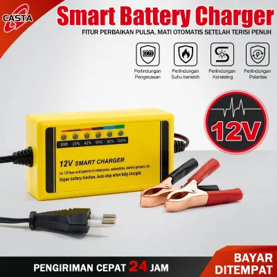 CASTA Alat Cas Aki 12V 2A Portable Charger Accu Motor Mobil Otomatis Auto Shutdown Full Indikator LED Cerdas Anti Overcharge Korsleting Untuk Baterai 12V3AH-20AH Colokan EU Plug Standar Indonesia Desain Ringan Awet Tahan Lama Praktis