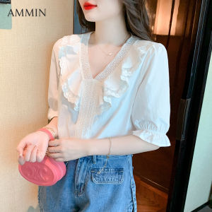 AMMIN 2023 Summer New Sweet Embroidery Hollow Lace V-Neck Ruffle Splicing Short Sleeve Elegant Blouse Womens Korean Style Flared Sleeve OL White Chiffon Shirt Female ins tops