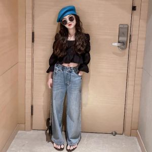 SSP24 -  Setelan Set Anak ABG Perempuan Puffy Blouse + Jeans Straight Cut