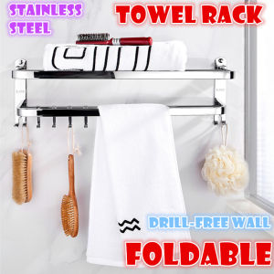 《SG Local stock》Drill-free stainless steel towel rack bathroom storage kitchen rack bath towel hanger Foldable