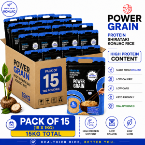 Power Grain Premium Protein Shirataki Konjac Rice High Protein Content Pack of 15 1kg Pouches 15kg Total Made from Konjac Low Calorie Low Carb Keto Friendly FDA Approved Healthier Rice Better You