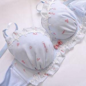 Japanese Plus Size Bra Wired Thin Cup Heart Love Cute Chiffon Print Lace Bow 75B 80B 80C 85B 85C 90C