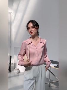 AMMIN 2025 Spring and Autumn New Simple Solid Color Satin Commuter Shirt for Women Korean Style V-neck Professional Elegant Fashion Single-breasted Blouse