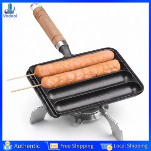 [Vodool Home Mall] 4-Slot Non-Stick Hot Dog Cooking Pan with Hook Hot Dog & Corn Dog Skillet Eggs BBQ DIY Grill Pan for Homemade Sausage Meat Grilling
