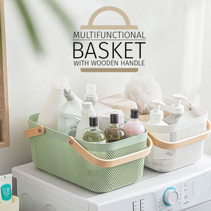 Plastic Mesh Basket with Wooden Handle Kitchen Storage Bin