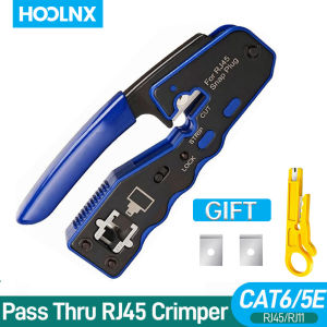HOOLNX RJ45 Pass Through Crimper for CAT5 CAT5E CAT6 Network Connectors STP UTP Shielded Modular Plugs 8P8C Crimp Tool Blue (Built-in Pass Through Blade)