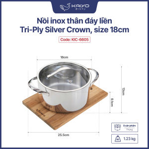 Nồi Inox 18/10 Thân Đáy Liền KaiyoTri-Ply Silver Crown Size 18-20-24cm Phù Hợp Trên Mọi Bếp