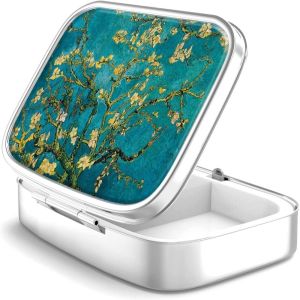 SUN ME Rectangular Metal Pill Box Container Double-Grid Tinkering Mirror Two Plaid Dual Function Cosmetic Tool Women